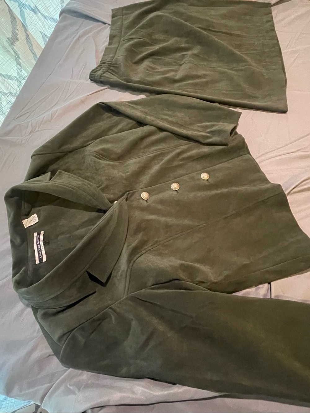 Vintage 90s Amanda Smith Olive Green Faux Suede Skirt Suit Set Co-ord Size 10